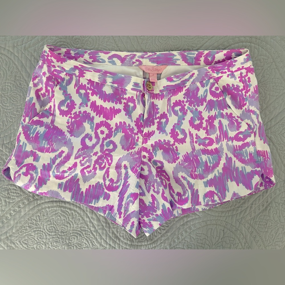 Lilly Pulitzer Purple Flamingo Ikat Shorts EUC Size 2 🦩